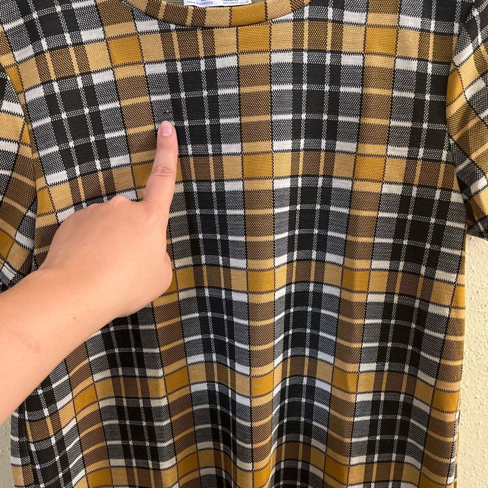 Zara Trafaluc black and gold plaid short-sleeved mini shift dress with pockets M - Picture 5 of 6